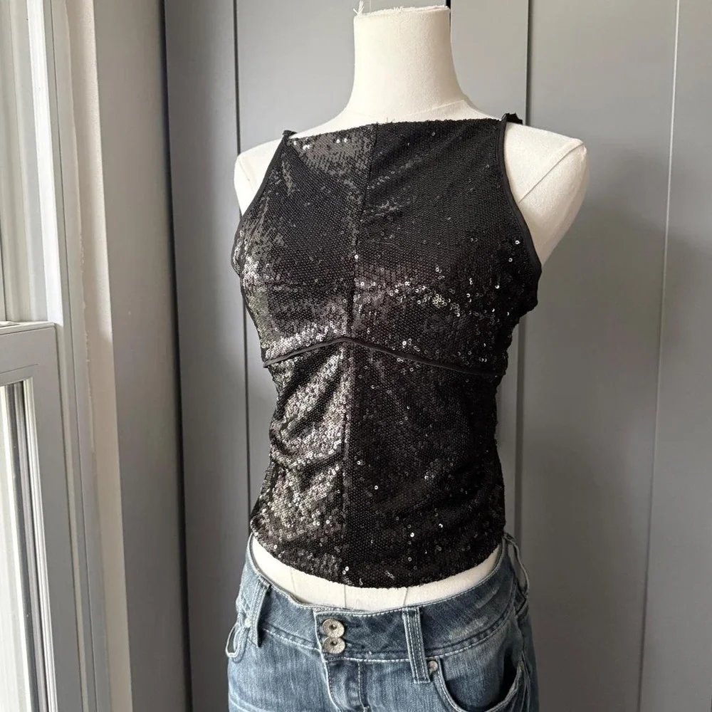 Free People Women's Sequin Open Back Tank, Size Small, Party Y2K